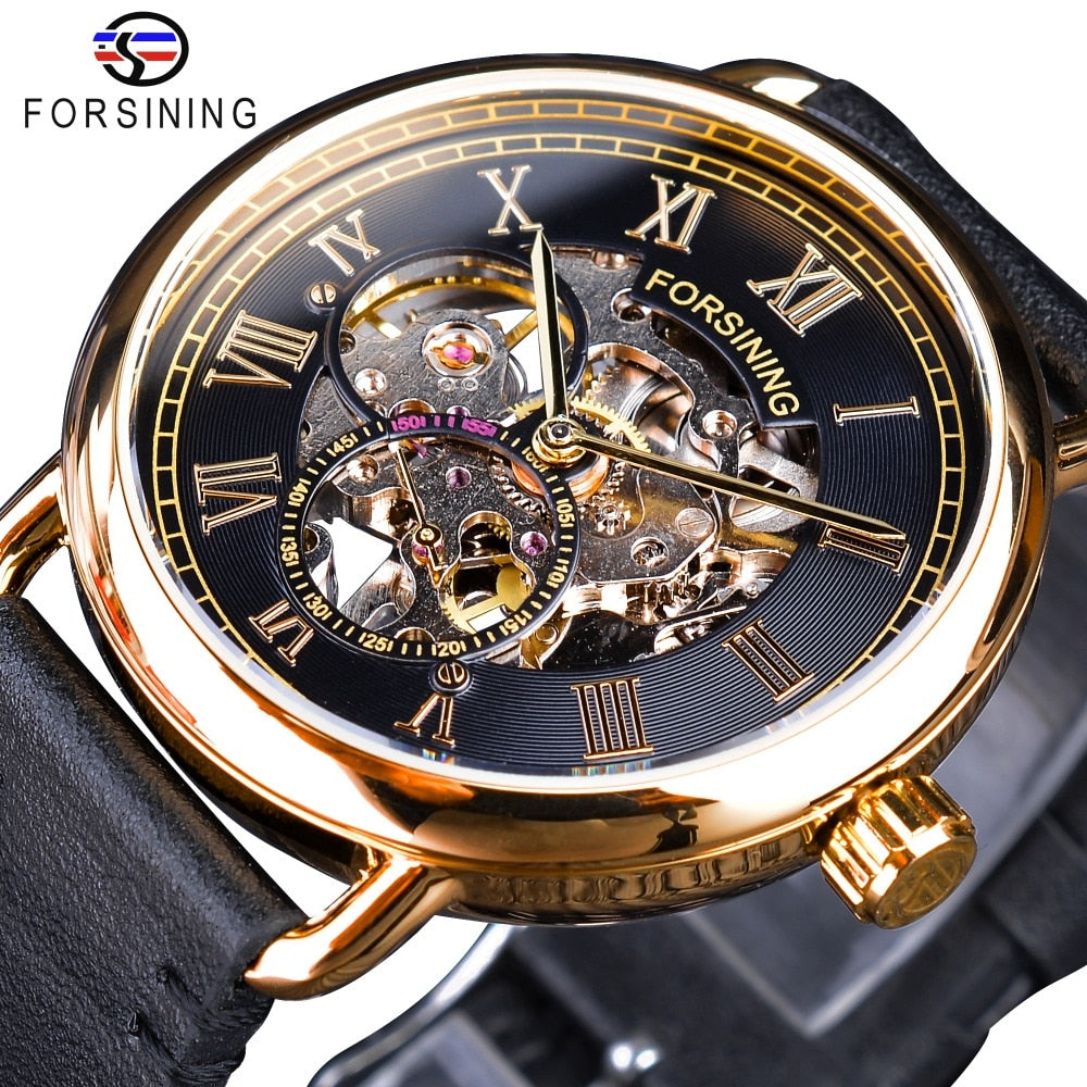 Forsining Classic Black Golden Openwork Genuine Leather - xkeletonwatch