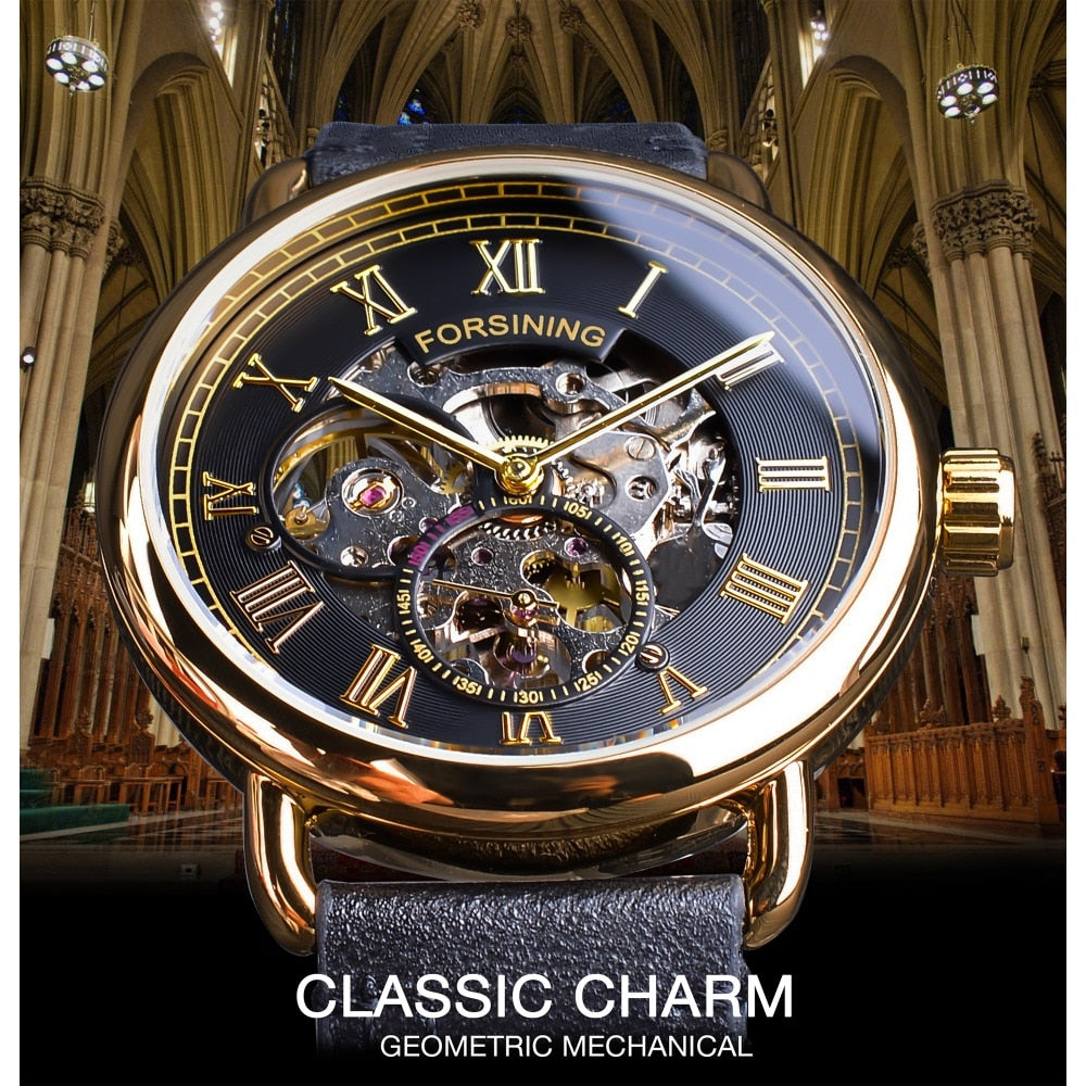 Forsining Classic Black Golden Openwork Genuine Leather - xkeletonwatch