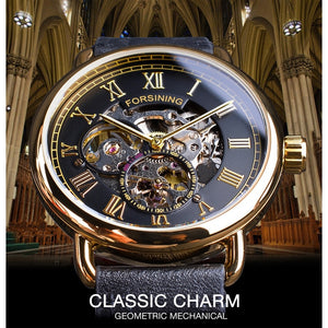 Forsining Classic Black Golden Openwork Genuine Leather - xkeletonwatch