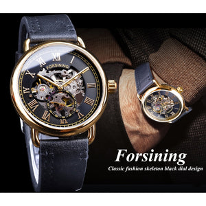 Forsining Classic Black Golden Openwork Genuine Leather - xkeletonwatch