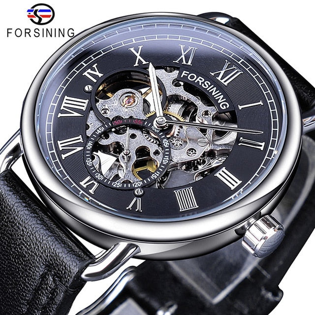 Forsining Classic Black Golden Openwork Genuine Leather - xkeletonwatch