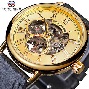 Forsining Classic Black Golden Openwork Genuine Leather - xkeletonwatch