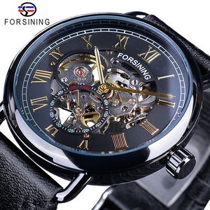 Forsining Classic Black Golden Openwork Genuine Leather - xkeletonwatch