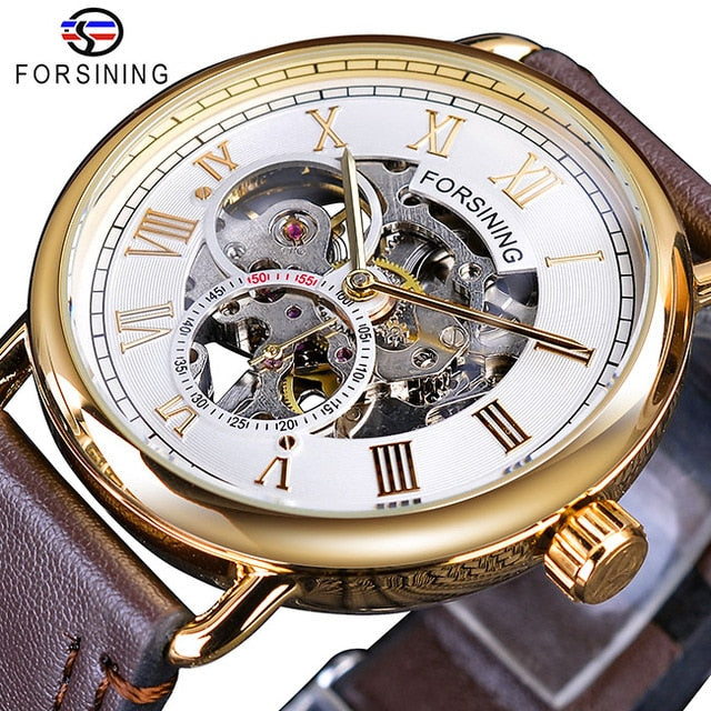 Forsining Classic Black Golden Openwork Genuine Leather - xkeletonwatch